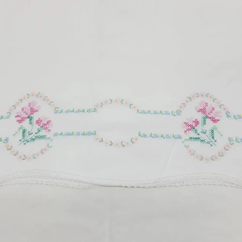 Vtg Hand Embroidered Pink Flower Floral Border Cotton Pillowcase Single Standard